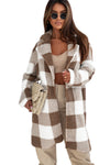 Brown Plaid Lapel Collar Long Open Front Coat-Outerwear-MomFashion