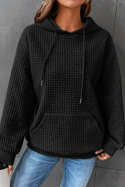 Black Quilted Kangaroo Pocket Drawstring Hoodie-Tops-MomFashion