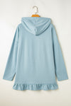 Iceland Blue Solid Ruffled Hem Loose Fit Tunic Hoodie-Tops/Sweatshirts & Hoodies-MomFashion