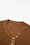 Coffee Pointelle Knit Button V Neck Drop Shoulder Sweater-Tops-MomFashion