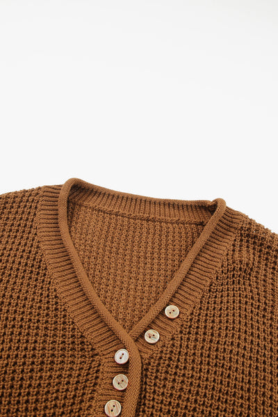 Coffee Pointelle Knit Button V Neck Drop Shoulder Sweater-Tops-MomFashion