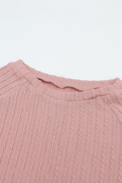 Pink Ribbed Round Neck Knit Long Sleeve Top-Tops-MomFashion