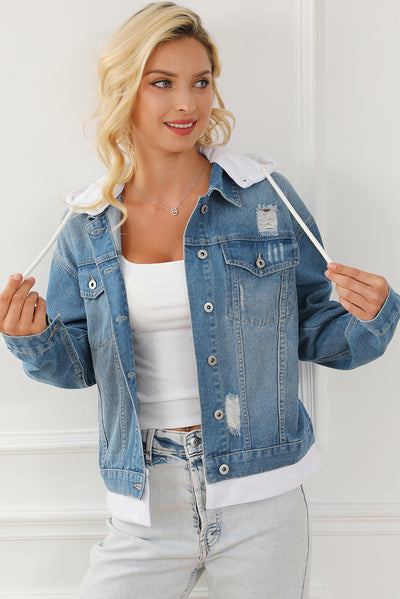 Sky Blue Distressed Contrast Hooded Denim Jacket with Pockets-Outerwear-MomFashion