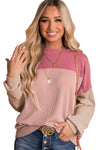 Pink Color Block Long Sleeve Ribbed Loose Top-Tops-MomFashion