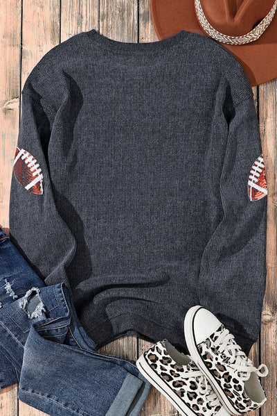 Gray Sequin Rugby Graphic Corded Baggy Sweatshirt-Graphic-MomFashion