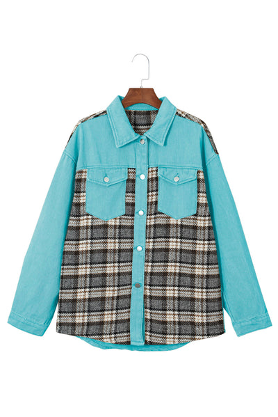 Sky Blue Plaid Patchwork Pockets Denim Jacket-Outerwear-MomFashion