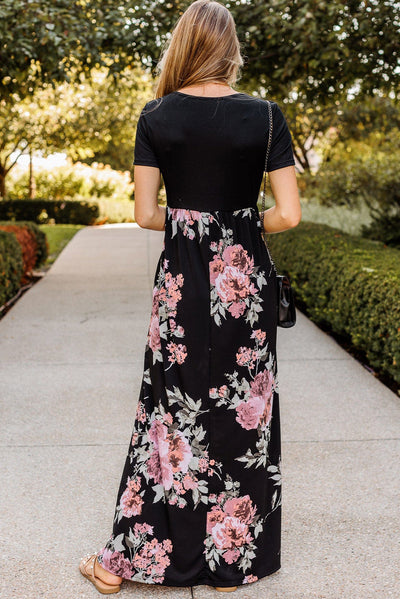 Black Contrast Floral Empire Waist Maxi Dress-Dresses-MomFashion