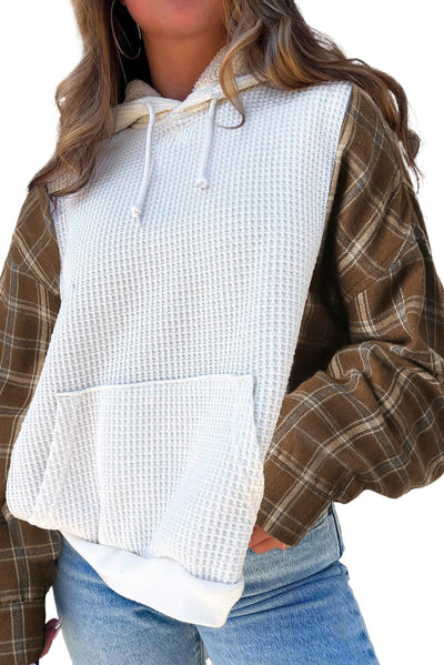 White Waffle Patch Plaid Sleeve Kangaroo Pocket Hoodie-Tops-MomFashion