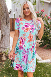 Sky Blue Short Sleeve High Waist Floral T-shirt Dress-Dresses-MomFashion