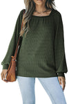 Green Scoop Neck Puff Sleeve Waffle Knit Top-Tops-MomFashion