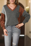 Brown V Neck Color Block Patchwork Loose Pullover-Tops-MomFashion