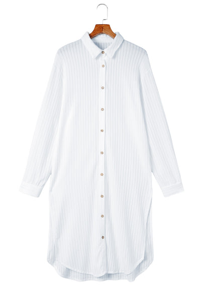 White Striped Crinkle Button Front Cover Up Shirt Dress-Swimwear-MomFashion