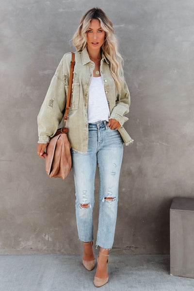 Green Distressed Fringe Trim Denim Jacket-Outerwear-MomFashion