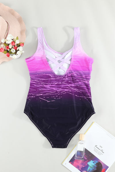 Purple Gradient Criss Cross Back One Piece Swimsuit-Swimwear-MomFashion