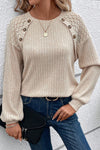 Parchment Contrast Lace Raglan Sleeve Buttoned Ribbed Top-Tops-MomFashion