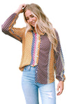 Brown Dot Print Long Sleeve Button Down Shift Shirt-Tops-MomFashion