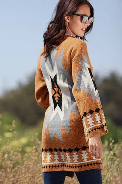 Gold Flame Aztec Graphic Open-Front Cardigan-Tops-MomFashion