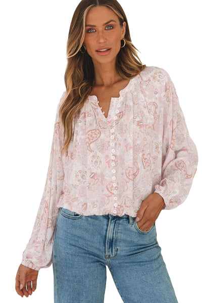 Pink Paisley Print Buttons Bubble Sleeve Blouse-Tops-MomFashion