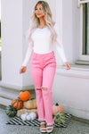 Pink Vintage High Waist Flare Leg Ripped Raw Hem Jeans-Bottoms-MomFashion