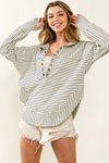 White Striped Thumbhole Drop Shoulder V Neck Top-Tops-MomFashion