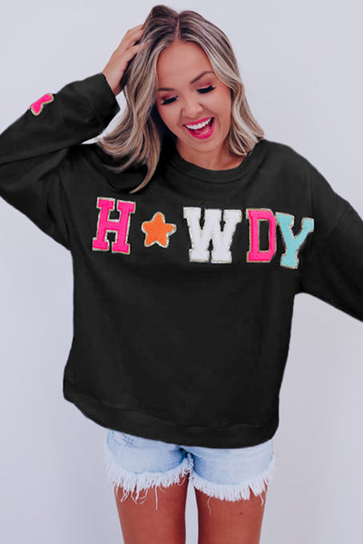 Black Glitter Howdy Patch Graphic Casual Sweatshirt-Tops-MomFashion