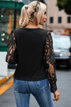 Black Crochet Sleeve Crew Neck Blouse-Tops-MomFashion