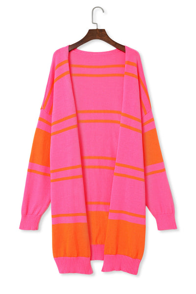 Multicolor Striped Long Sleeve Ribbed Trim Button Cardigan-Tops-MomFashion