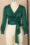 Blackish Green Satin Surplice V Neck Knot Blouse-Tops-MomFashion