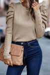 Khaki Buttoned Puff Long Sleeve Sheath Top-Tops-MomFashion