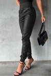 Black Smocked High-Waist Leather Skinny Pants-Bottoms-MomFashion