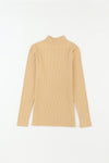 Khaki Ribbed Knit High Neck Long Sleeve Top-Tops-MomFashion