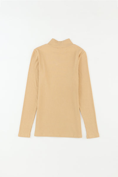 Khaki Ribbed Knit High Neck Long Sleeve Top-Tops-MomFashion