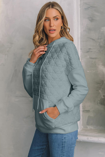 Light Grey Drop Shoulder Quilted Patchwork Kangaroo Pocket Hoodie-Tops-MomFashion