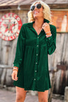 Green Long Sleeve Ruffle Velvet Button Up Dress-Dresses-MomFashion