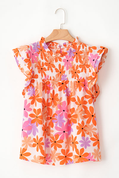 Orange Ruffled Sleeve Smocked Floral Top-Tops-MomFashion