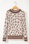 Brown Two-tone Ribbed Trim Contrast Leopard Sweater-Tops-MomFashion