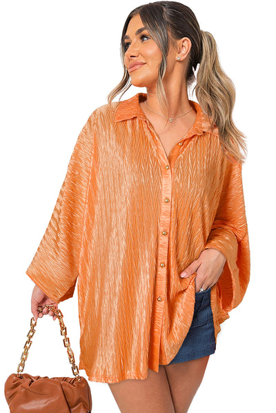 Grapefruit Orange Solid Color Crinkled Wide Sleeve Button up Shirt-Tops-MomFashion