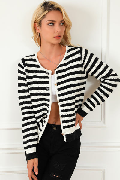 Black Contrast Striped Print Cardigan-Tops-MomFashion