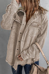 Khaki Patchwork Hooded Corduroy Shacket-Outerwear-MomFashion