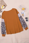 Brown Leopard Sequin Patchwork Long Sleeve Top-Tops-MomFashion