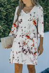 White V Neck 3/4 Sleeve Floral Dress-Dresses-MomFashion