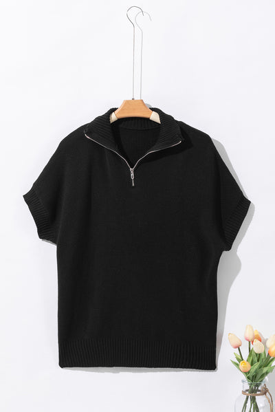 Black Quarter Zip Short Batwing Sleeve Sweater-Tops-MomFashion