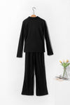 Black Ribbed Knit Collared Henley Top and Pants Lounge Outfit-Loungewear-MomFashion