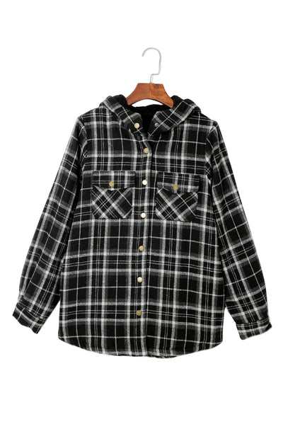 Black Plaid Pattern Sherpa Lined Hooded Shacket-Outerwear-MomFashion