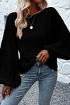 Black Lantern Sleeve Eyelets Textured Knit Sweater-Tops-MomFashion