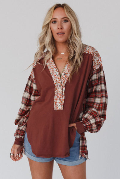 Fiery Red Floral Plaid Mixed Print Bishop Sleeve Patchwork Top-Tops-MomFashion