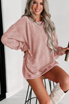 Pink Solid Ribbed Knit Round Neck Pullover Sweatshirt-Tops-MomFashion