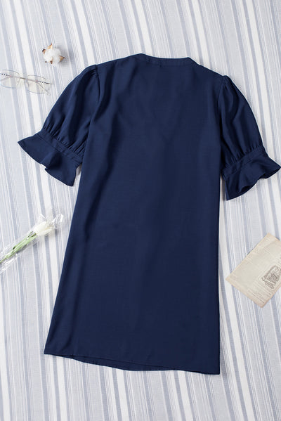 Blue Ruffled Sleeve Shift Dress-Dresses-MomFashion