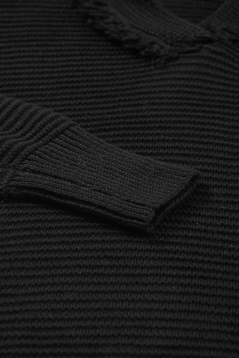 Black V Neck Ribbed Drop Shoulder Hooded Sweater-Tops-MomFashion