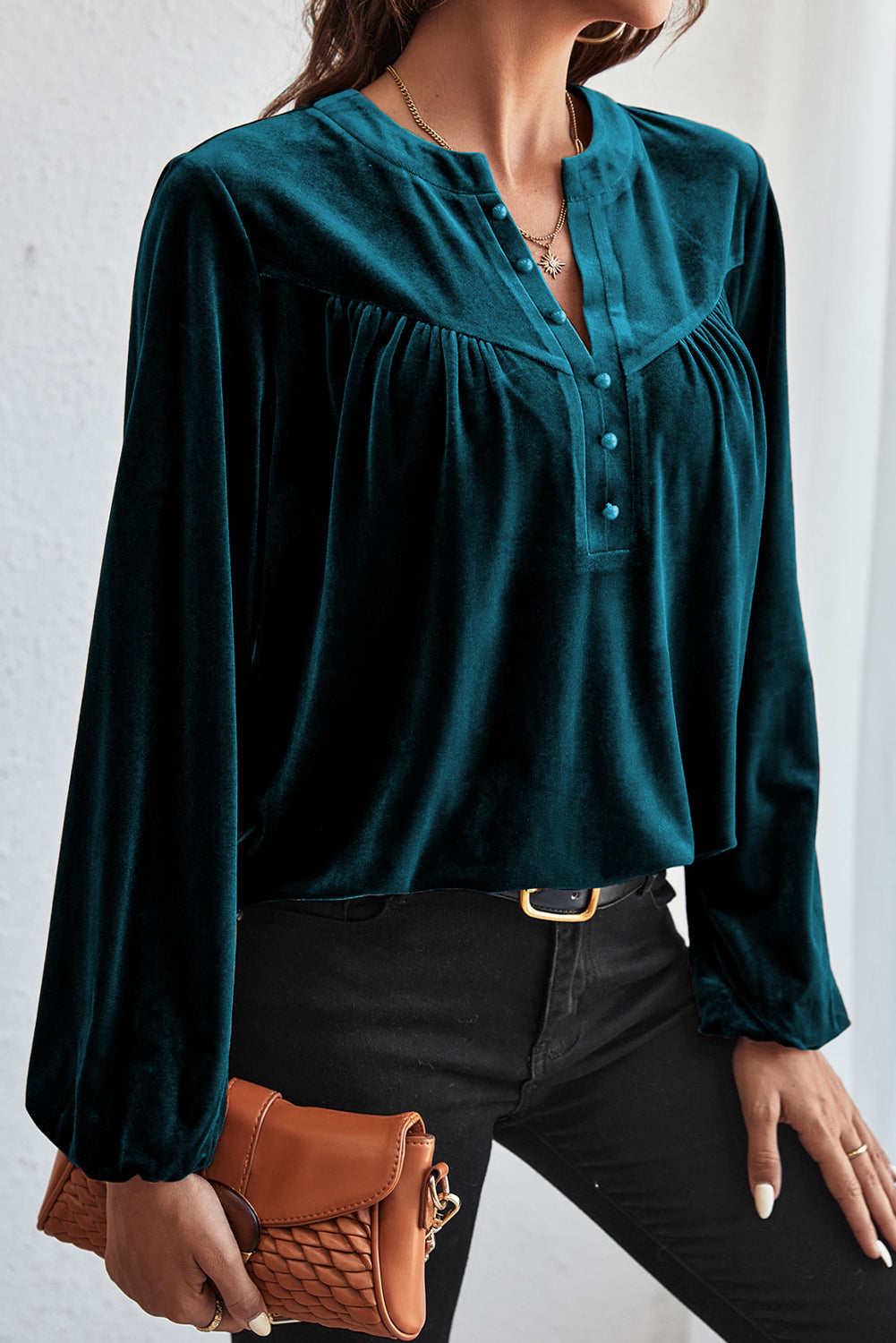 Skobeloff Lantern Sleeve Beaded Split V Neck Velvet Top-Tops-MomFashion